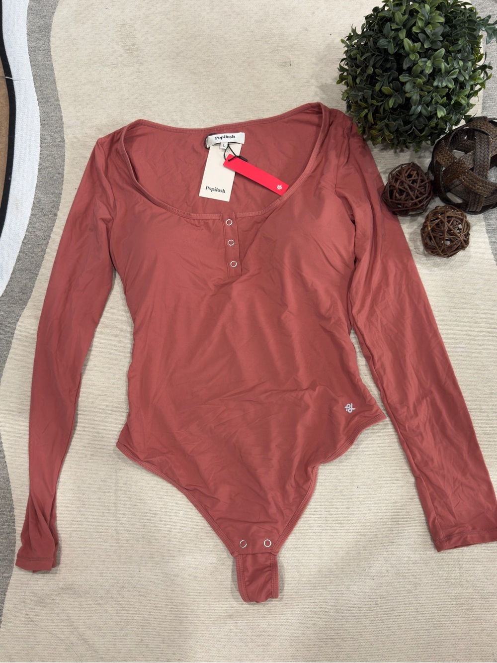 Free People Long Sleeve Henley Bodysuit - Terracotta